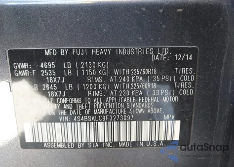 2015 Subaru Outback 2.5I Limited из США, поврежденный, VIN 4S4BSALC9F3273097